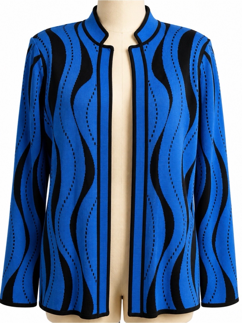 Ming Wang Blue Black Travel Knit Open Front Blazer Jacket Medium Career Wear